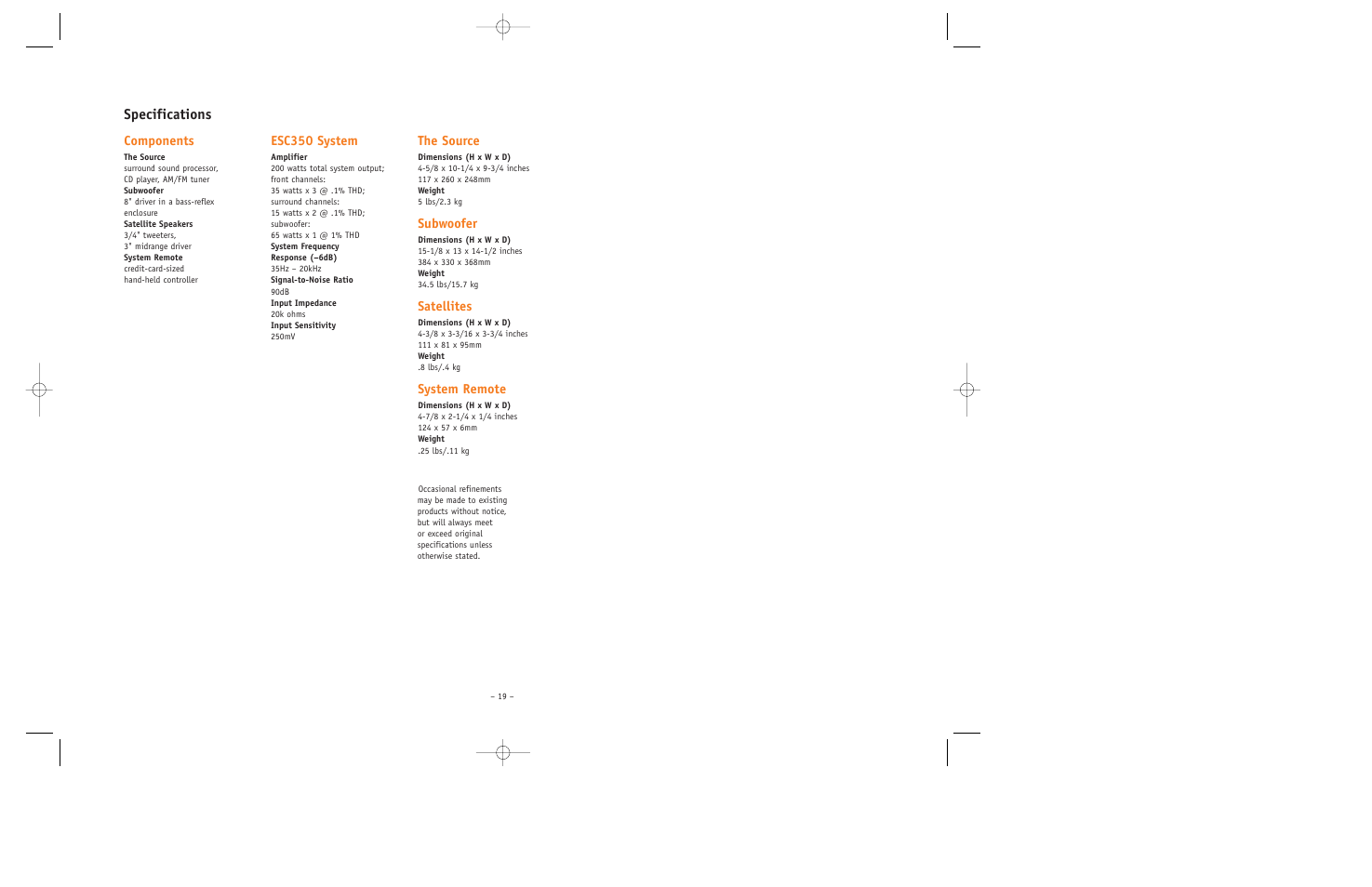 Specifications, Components, Esc350 system | The source, Subwoofer, Satellites, System remote | JBL ESC350 User Manual | Page 19 / 20