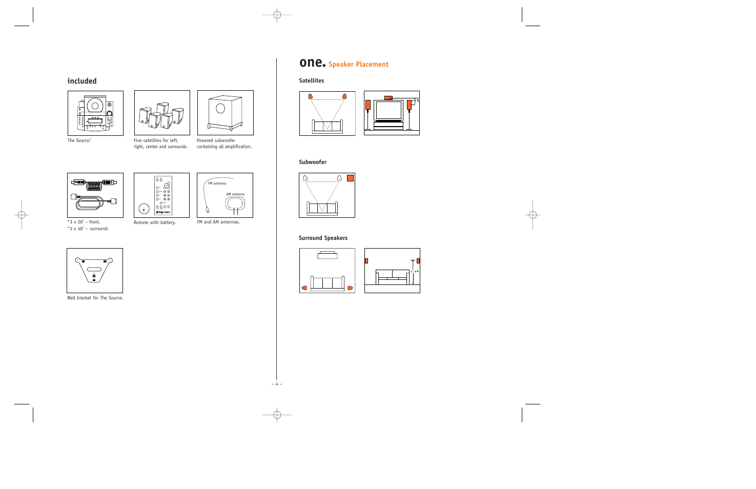 Included, Speaker placement, Surround speakers | Satellites subwoofer | JBL ESC350 User Manual | Page 4 / 20