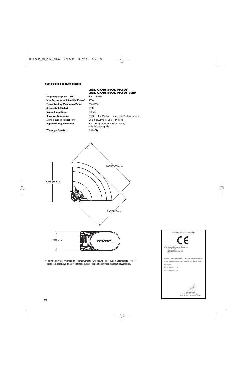 Specifications | JBL CONTROL NOW User Manual | Page 28 / 29