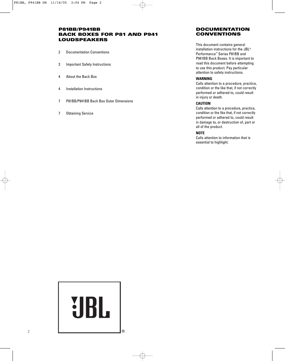 JBL INSTALLATION P941BB User Manual | Page 2 / 8