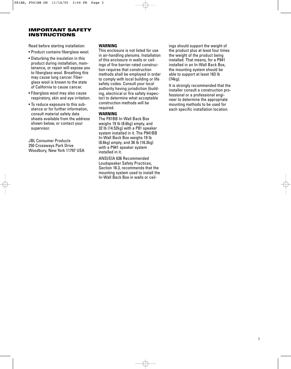 JBL INSTALLATION P941BB User Manual | Page 3 / 8