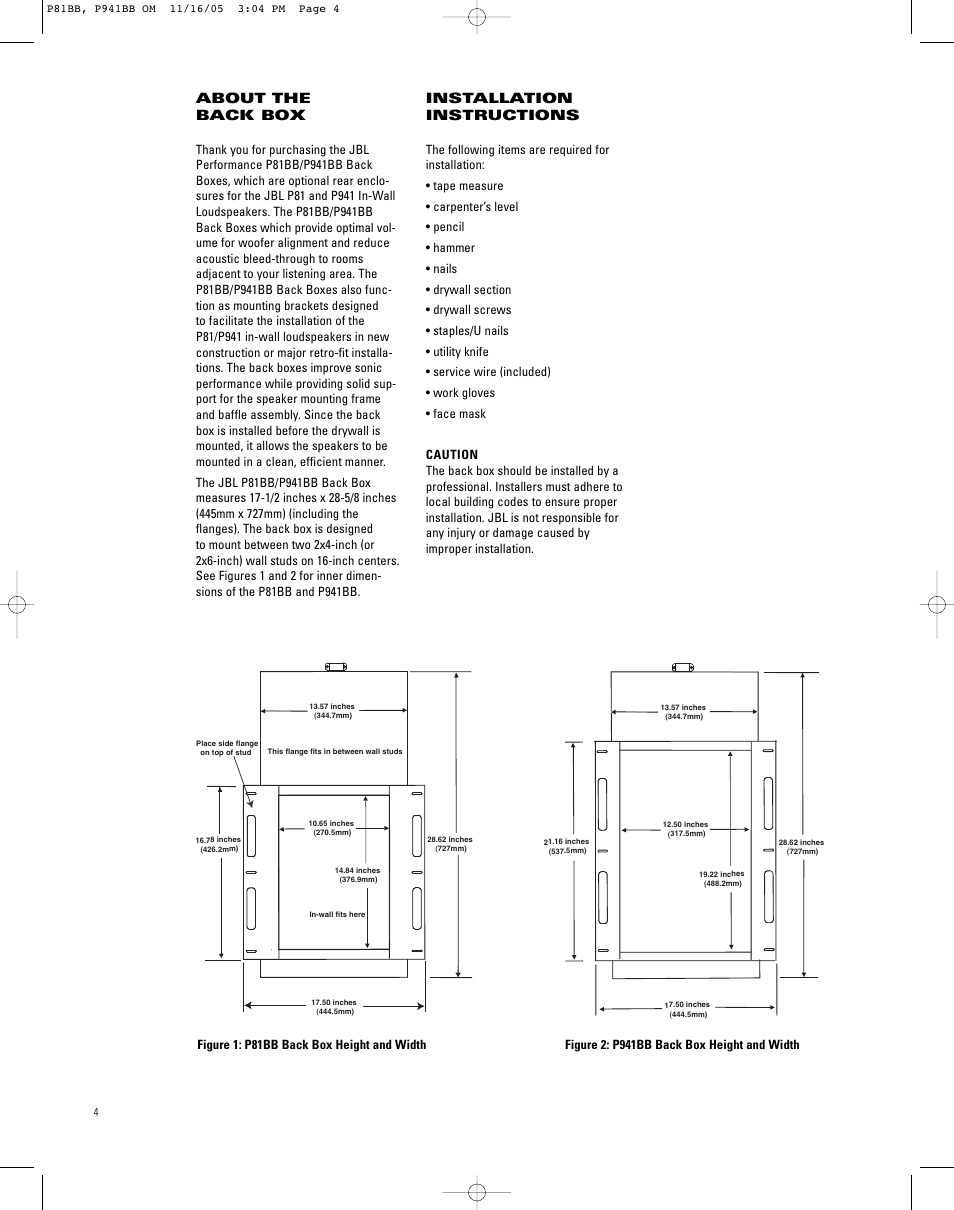 About the back box, Installation instructions | JBL INSTALLATION P941BB User Manual | Page 4 / 8