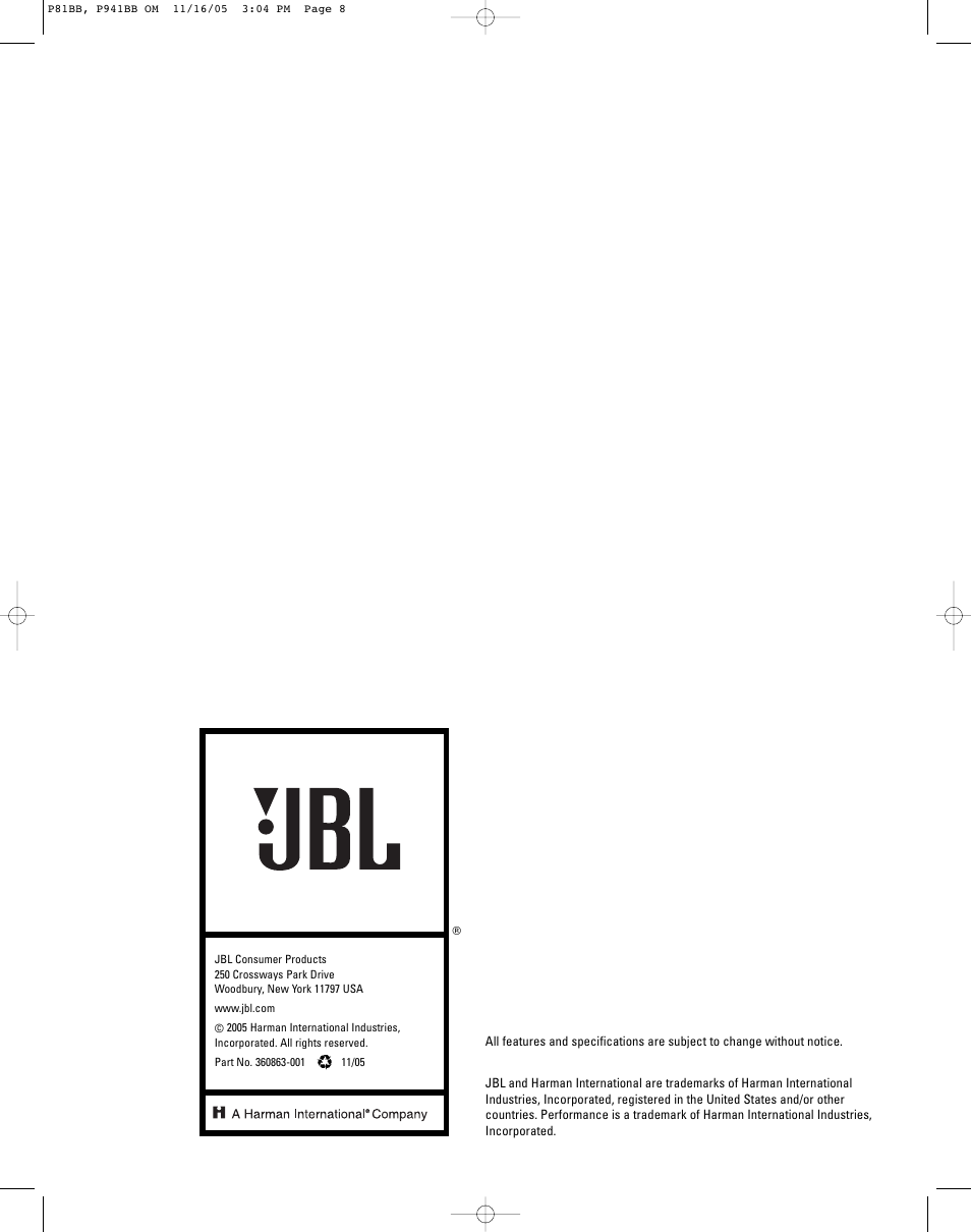 JBL INSTALLATION P941BB User Manual | Page 8 / 8