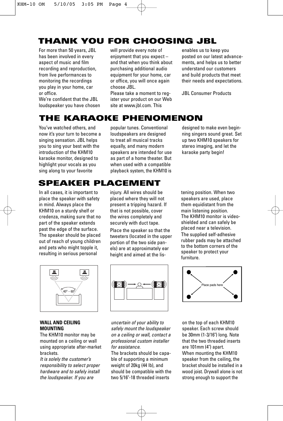 Speaker placement, The karaoke phenomenon | JBL KHM10 User Manual | Page 2 / 4