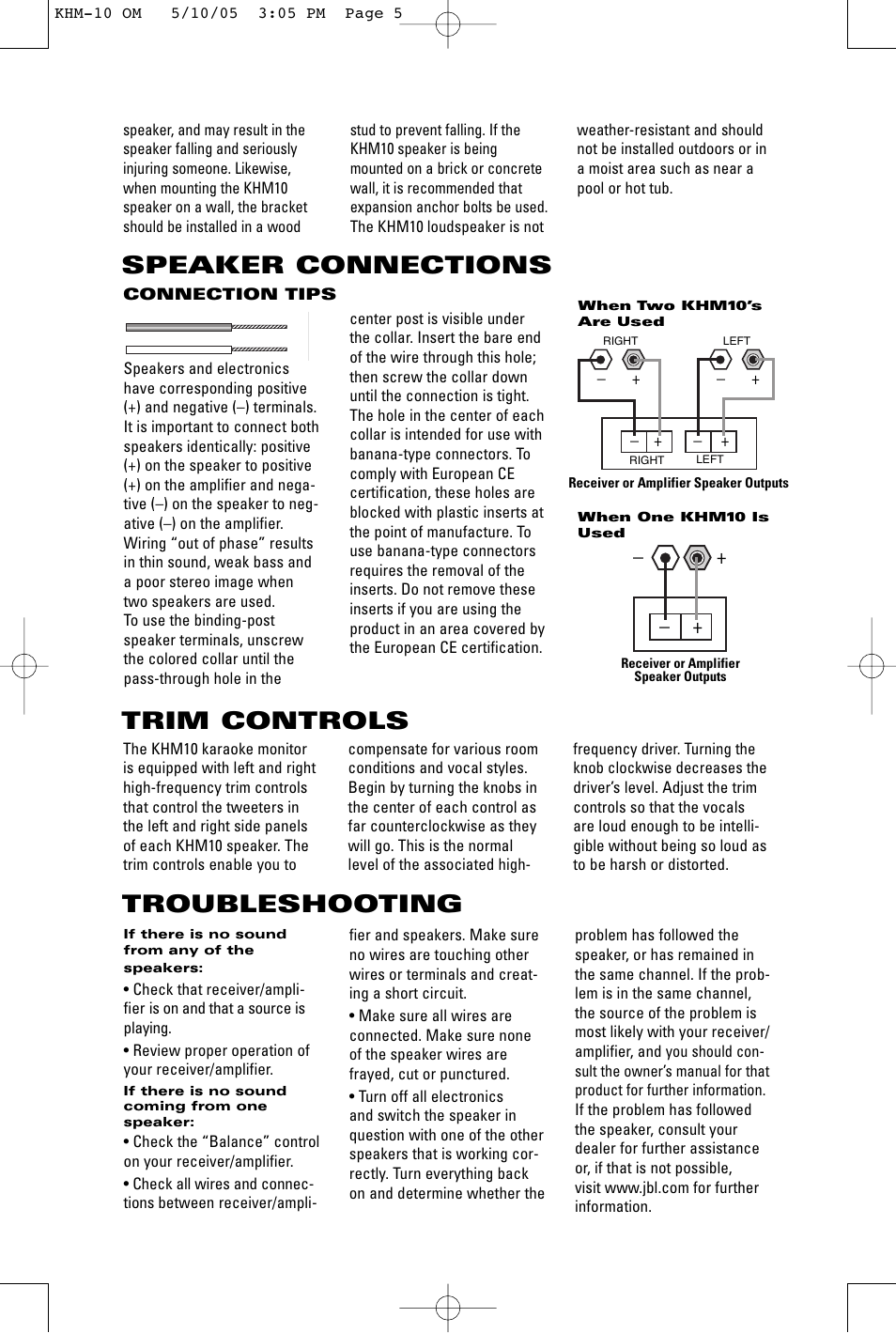 Speaker connections, Troubleshooting, Trim controls | JBL KHM10 User Manual | Page 3 / 4