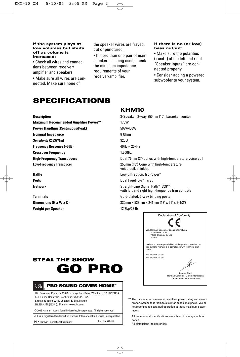 Go pro, Specifications, Khm10 | Steal the show | JBL KHM10 User Manual | Page 4 / 4