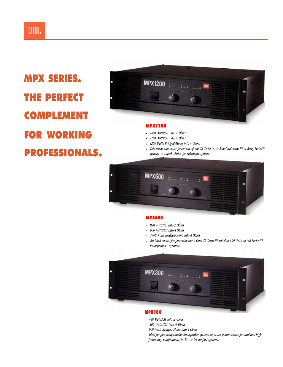 Mpx series, The perfect complement for working professionals | JBL Professional MXP1200 User Manual | Page 2 / 6