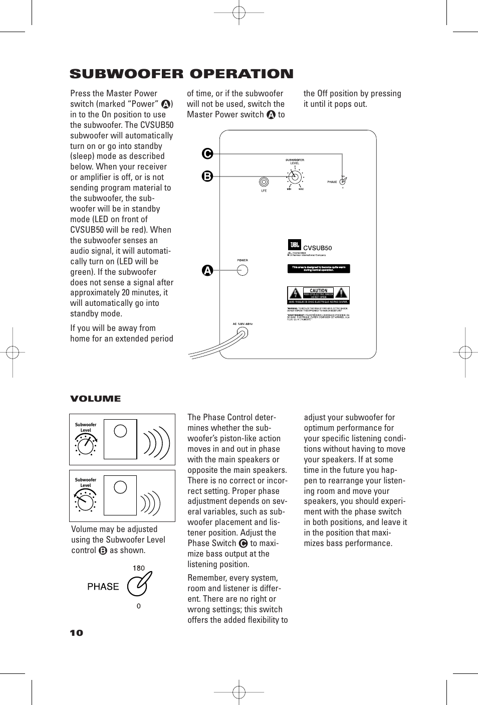 Subwoofer operation | JBL CVSAT50 User Manual | Page 10 / 12