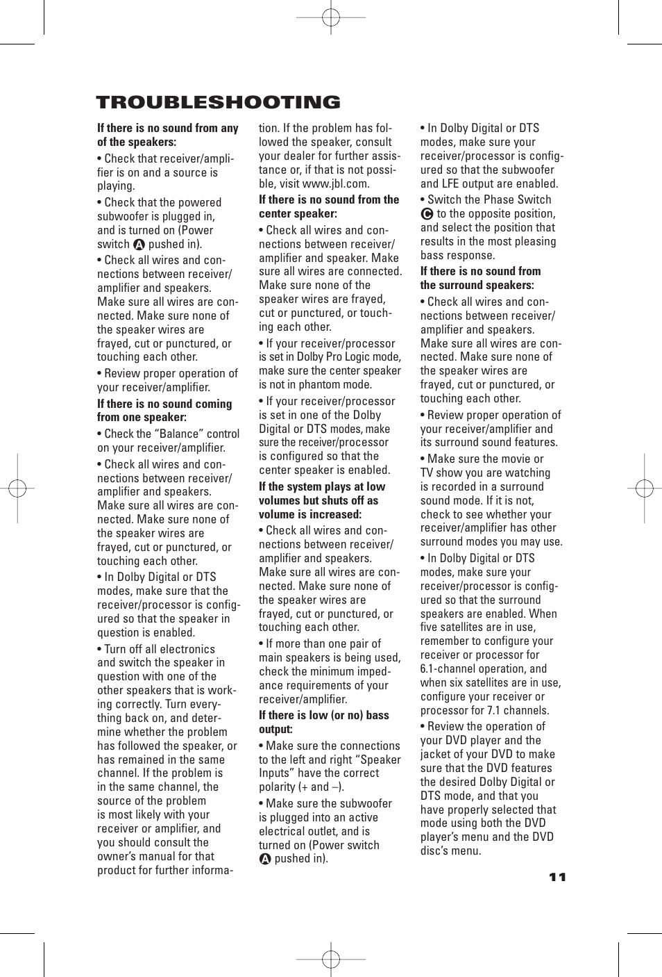 Troubleshooting | JBL CVSAT50 User Manual | Page 11 / 12