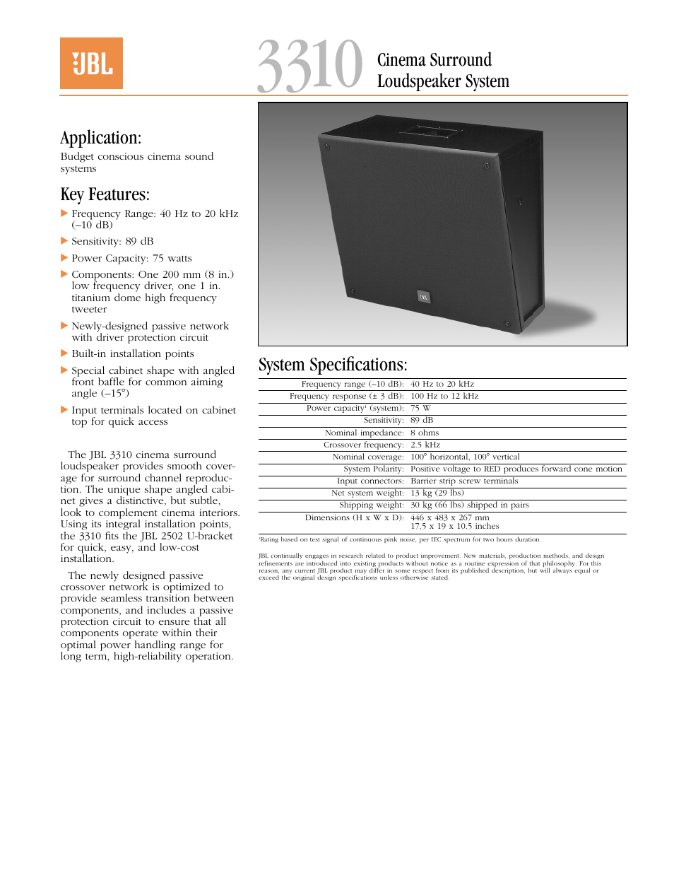 JBL Cinema Surround Sound 3310 User Manual | 2 pages