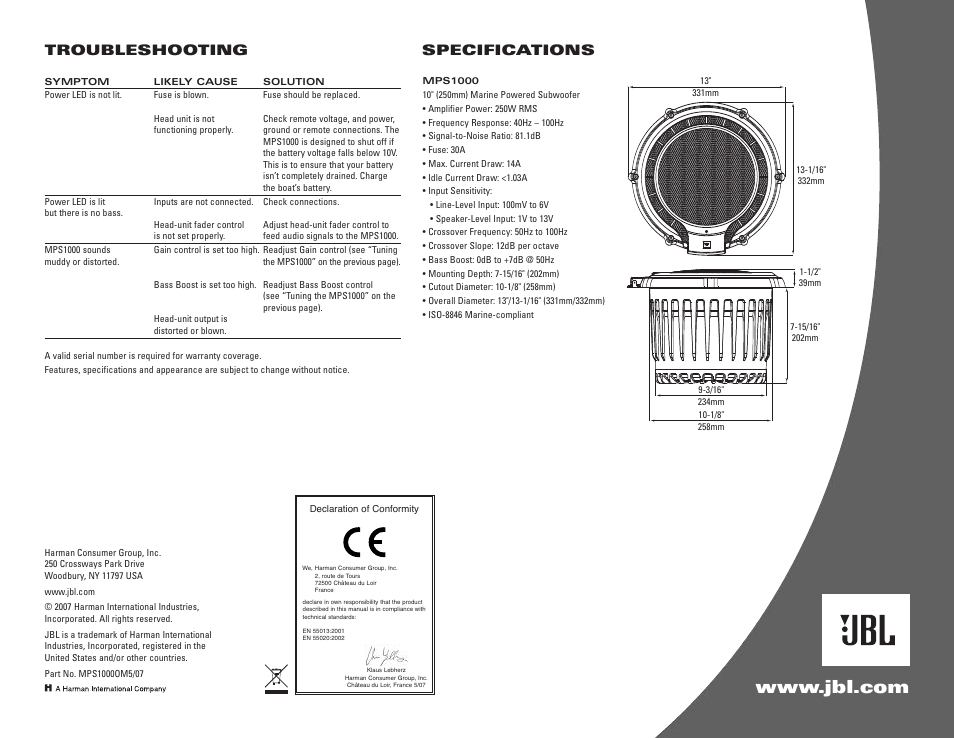 Troubleshooting, Specifications | JBL MARINE MPS1000 User Manual | Page 4 / 4