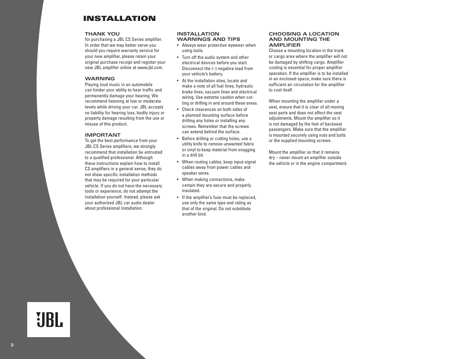 Installation | JBL CS300.1 User Manual | Page 2 / 8