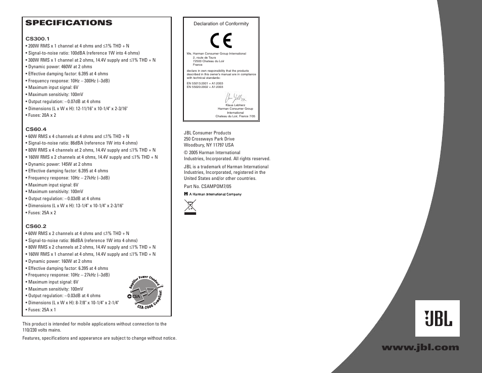 Specifications | JBL CS300.1 User Manual | Page 8 / 8