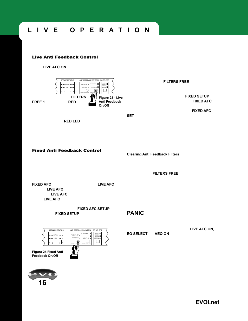 Panic, Live anti feedback control, Fixed anti feedback control | JBL EVOi.net User Manual | Page 18 / 36