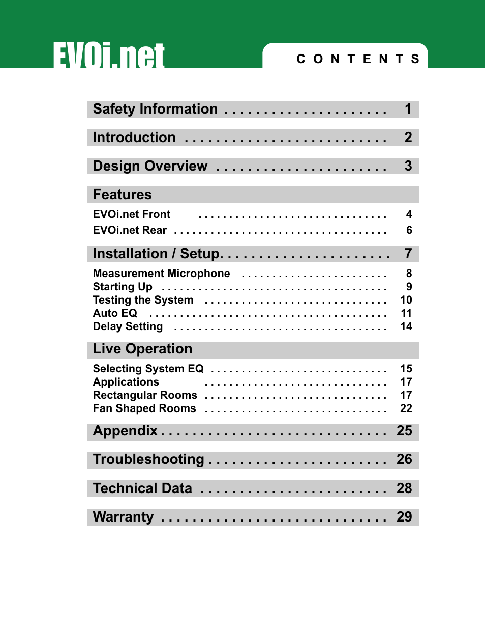 Installation / setup, Live operation, Appendix troubleshooting technical data warranty | JBL EVOi.net User Manual | Page 2 / 36