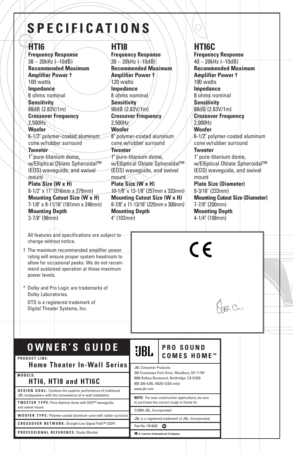 Hti6, Hti8, Hti6c | Hti6, hti8 and hti6c home theater in-wall series | JBL HTI6C User Manual | Page 8 / 8