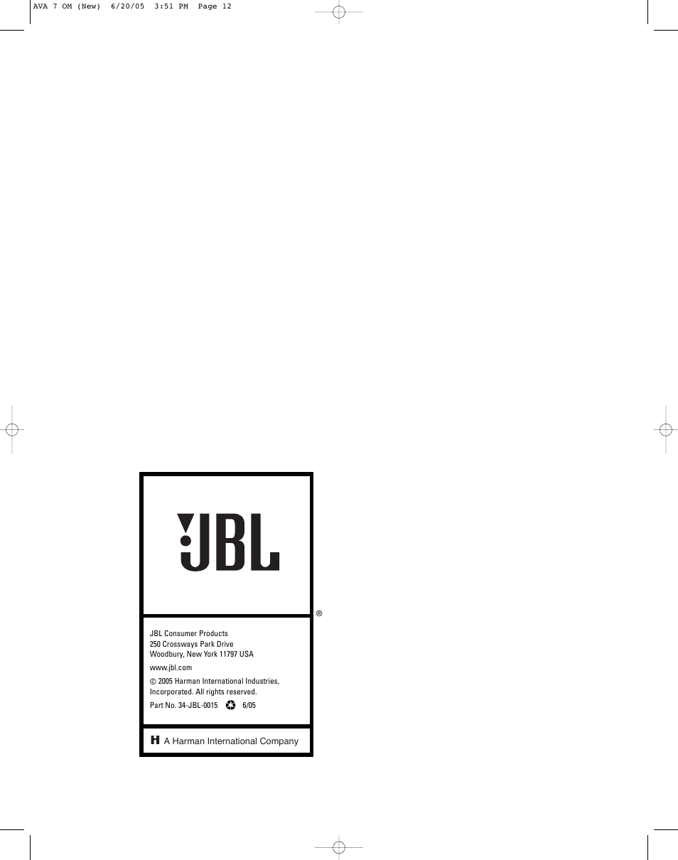 JBL AVA7 User Manual | Page 12 / 12