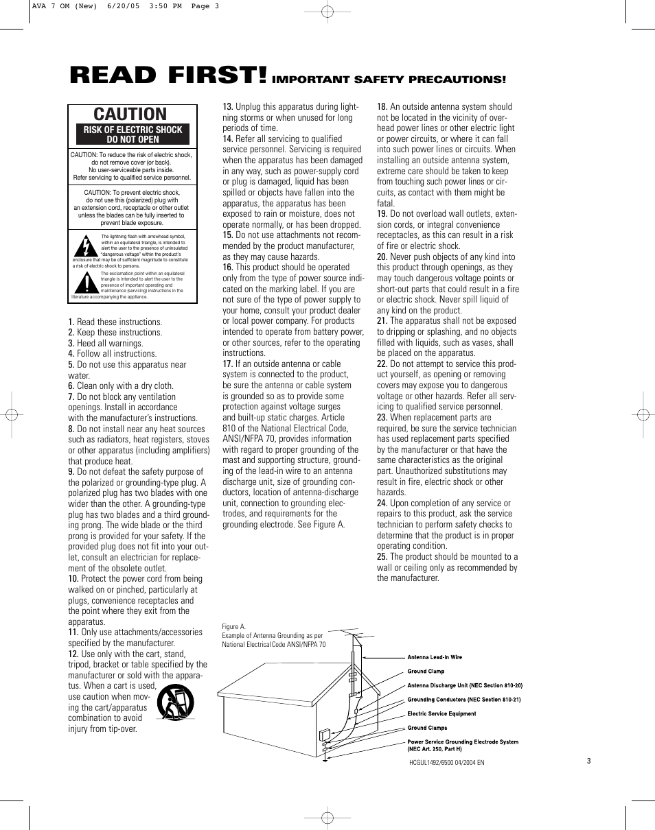 Read first, Caution | JBL AVA7 User Manual | Page 3 / 12