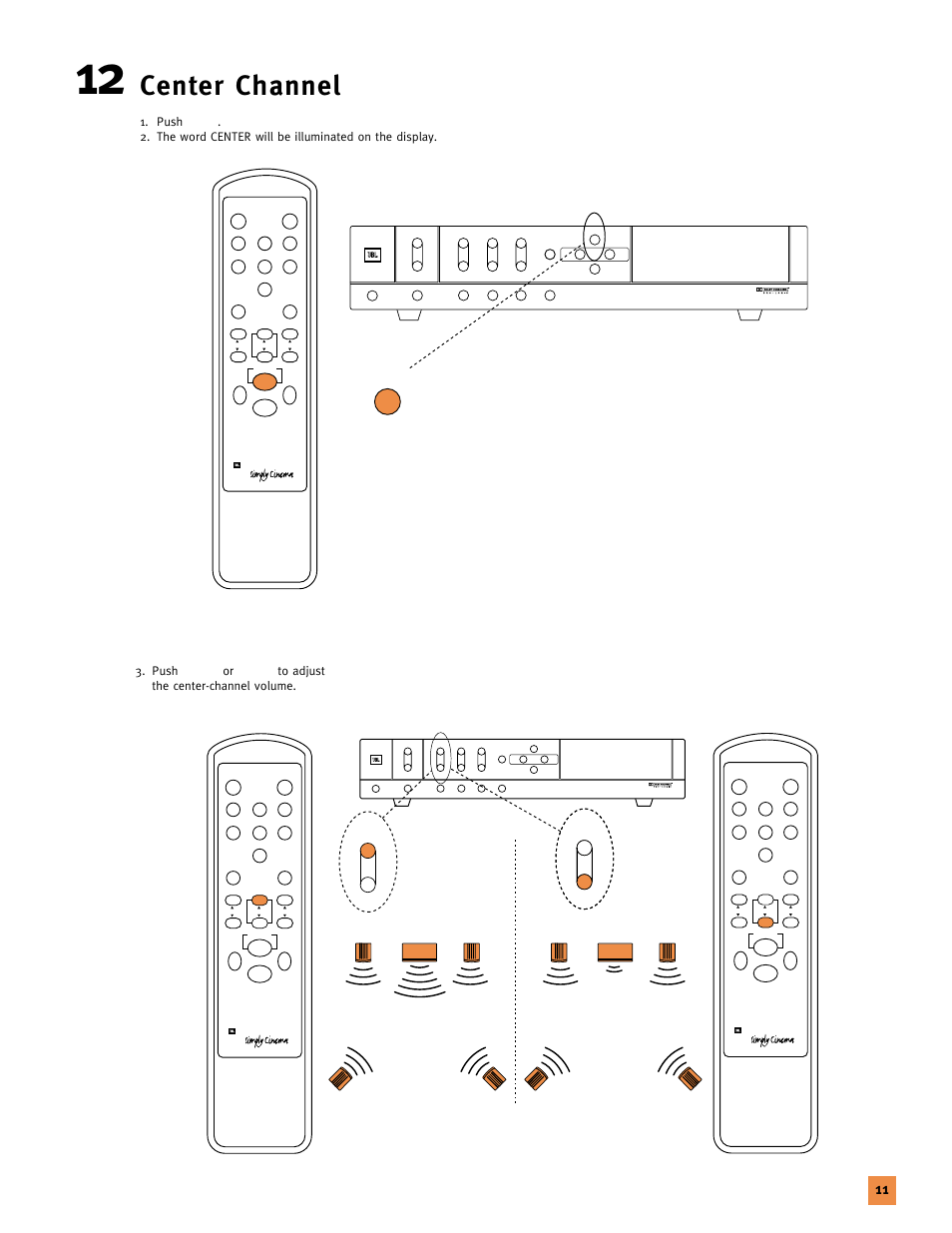 Center channel, Push level, Or level | Center | JBL 120V User Manual | Page 10 / 14