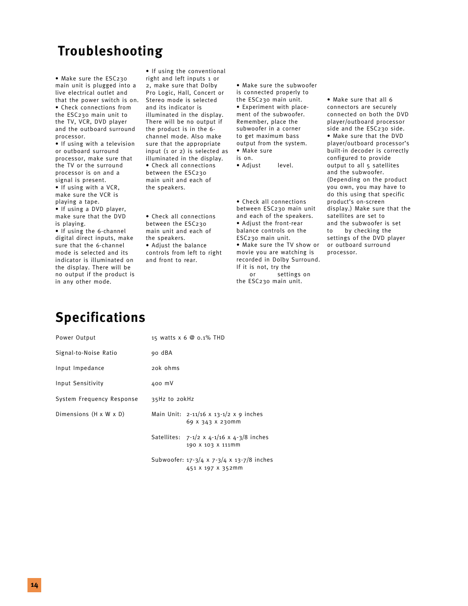 Troubleshooting, Specifications | JBL 120V User Manual | Page 13 / 14