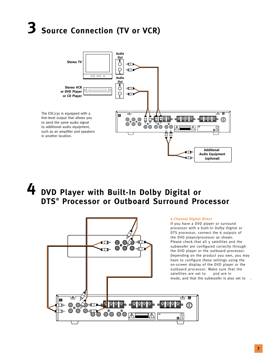 Source connection (tv or vcr), Dvd player with built-in dolby digital or dts, Processor or outboard surround processor | JBL 120V User Manual | Page 6 / 14