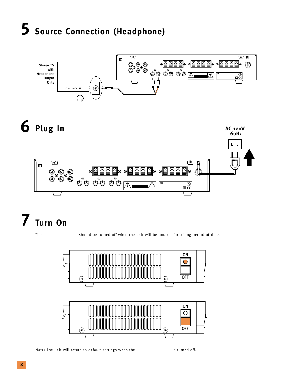 Source connection (headphone) turn on, Plug in, On off on off | Stereo tv with headphone output only | JBL 120V User Manual | Page 7 / 14