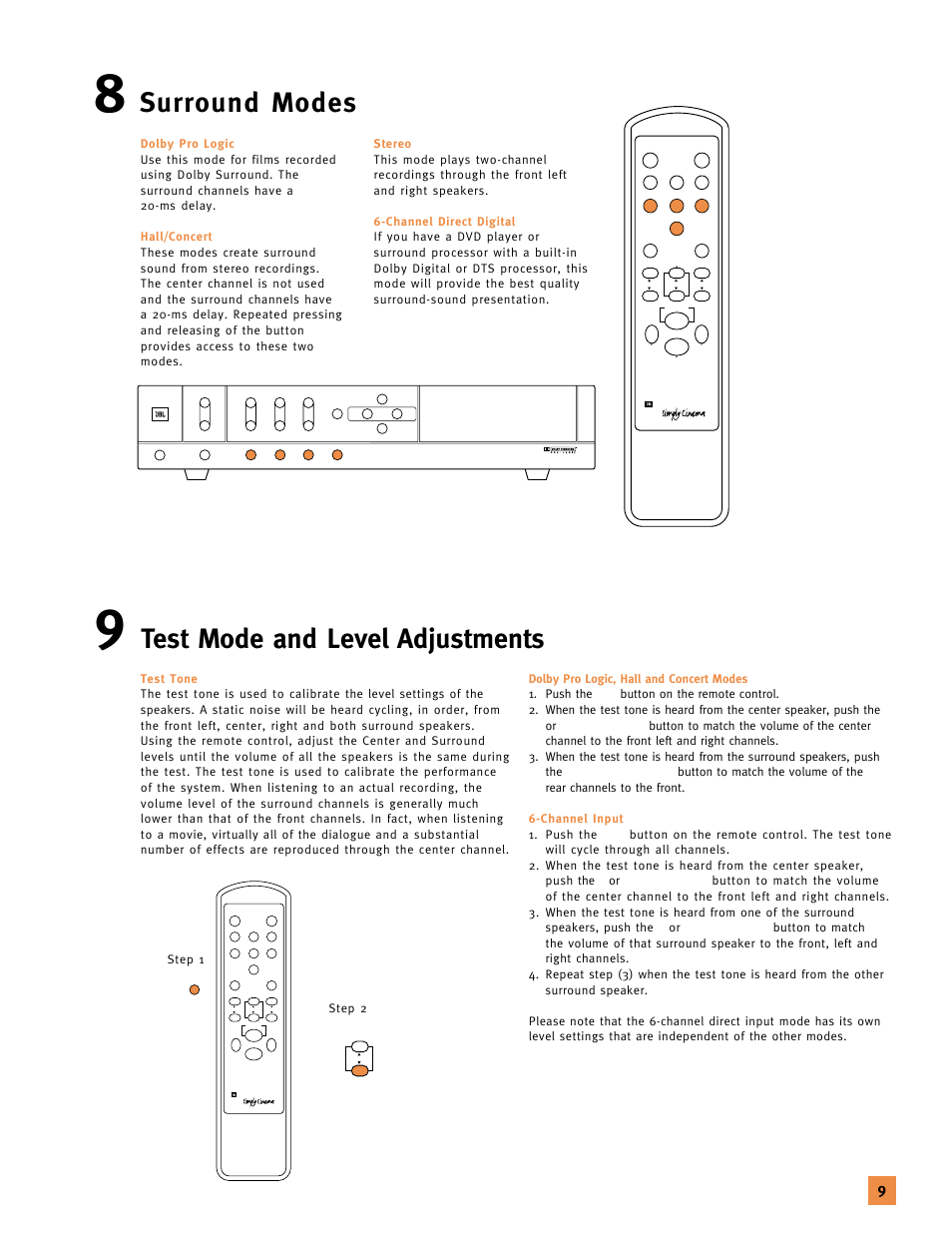 Surround modes, Test mode and level adjustments | JBL 120V User Manual | Page 8 / 14