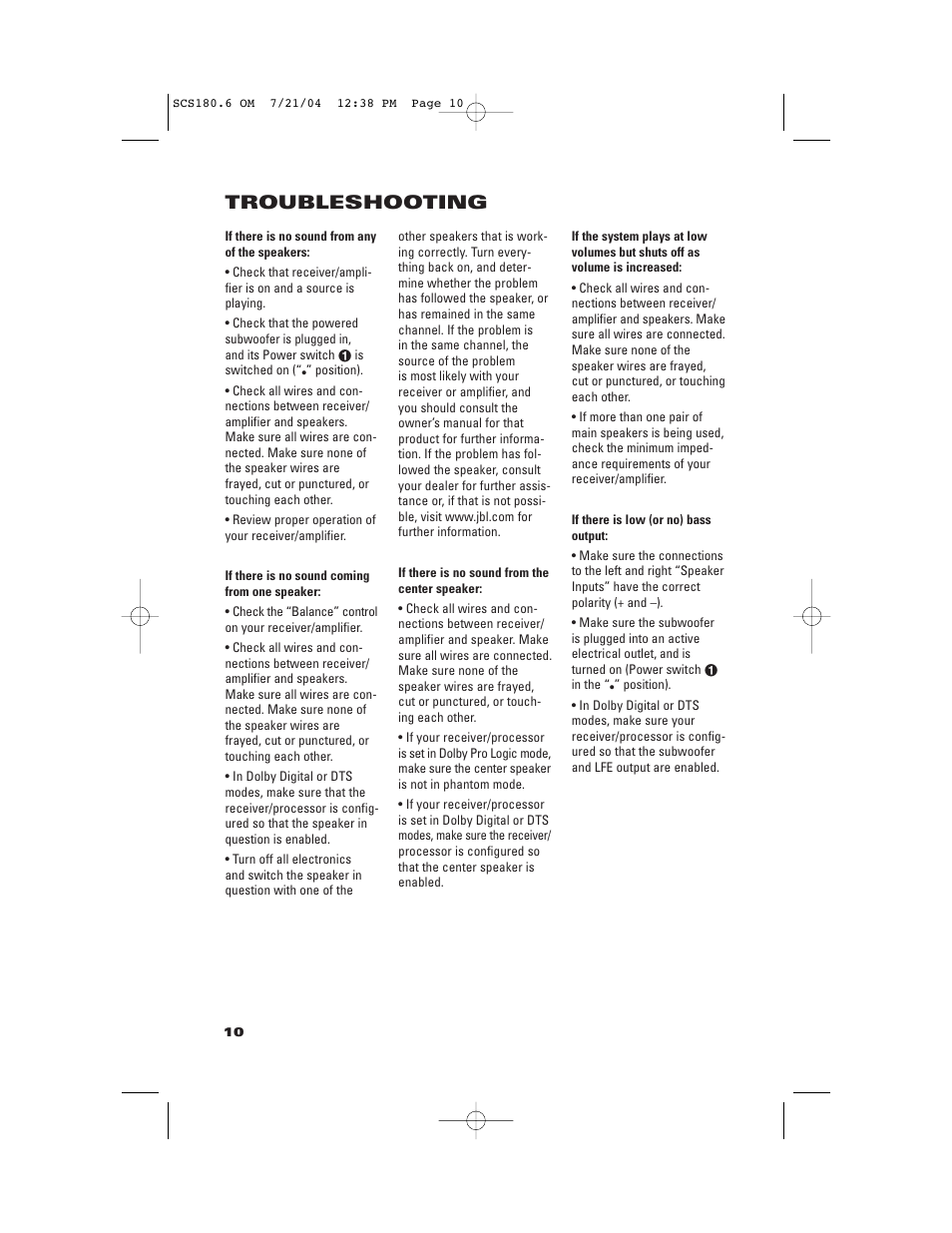 Troubleshooting | JBL SCS180.6 User Manual | Page 10 / 12