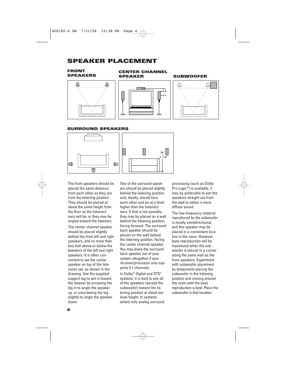 Speaker placement | JBL SCS180.6 User Manual | Page 4 / 12