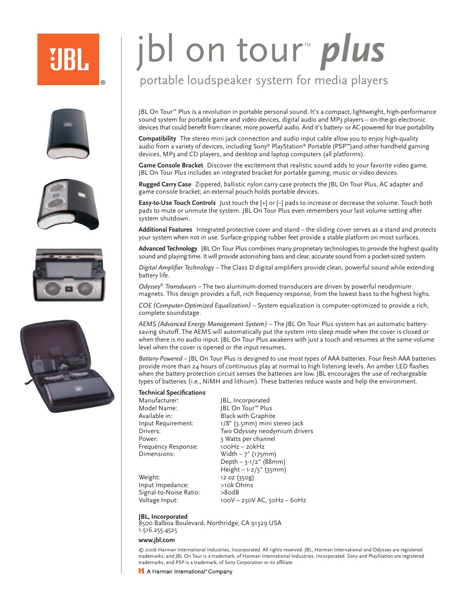 Jbl on tour, Plus, Portable loudspeaker system for media players | JBL Portable Loudspeaker System User Manual | Page 2 / 2