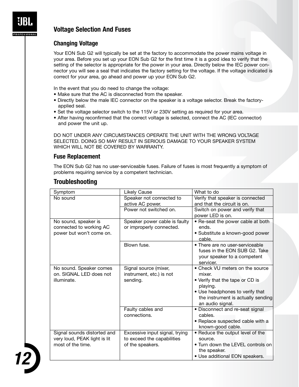 Voltage selection and fuses, Troubleshooting, Changing voltage | Fuse replacement | JBL EON PowerSub G2 User Manual | Page 11 / 15
