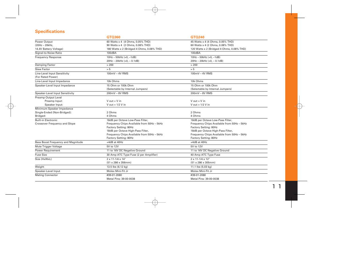 Specifications | JBL GTQ240 User Manual | Page 11 / 12