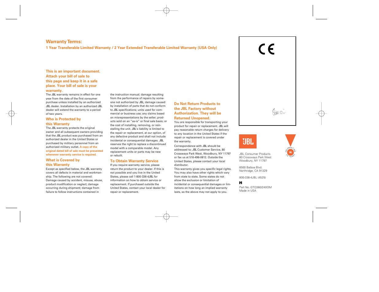 Warranty terms | JBL GTQ240 User Manual | Page 12 / 12