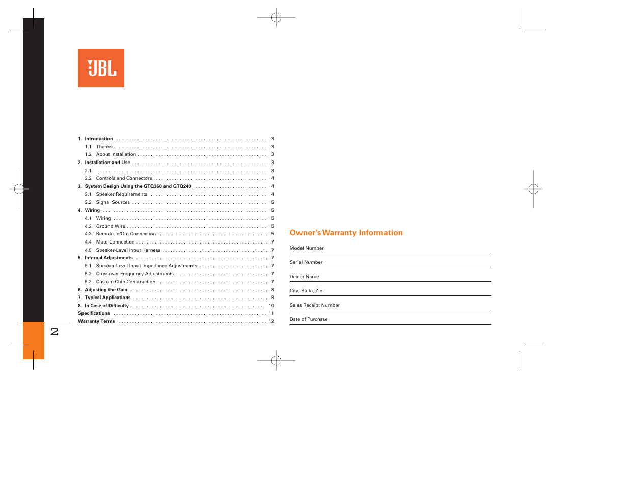 Owner’s warranty information | JBL GTQ240 User Manual | Page 2 / 12