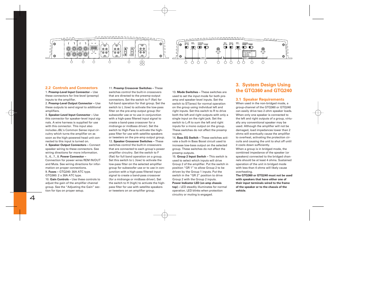 2 controls and connectors, 1 speaker requirements | JBL GTQ240 User Manual | Page 4 / 12