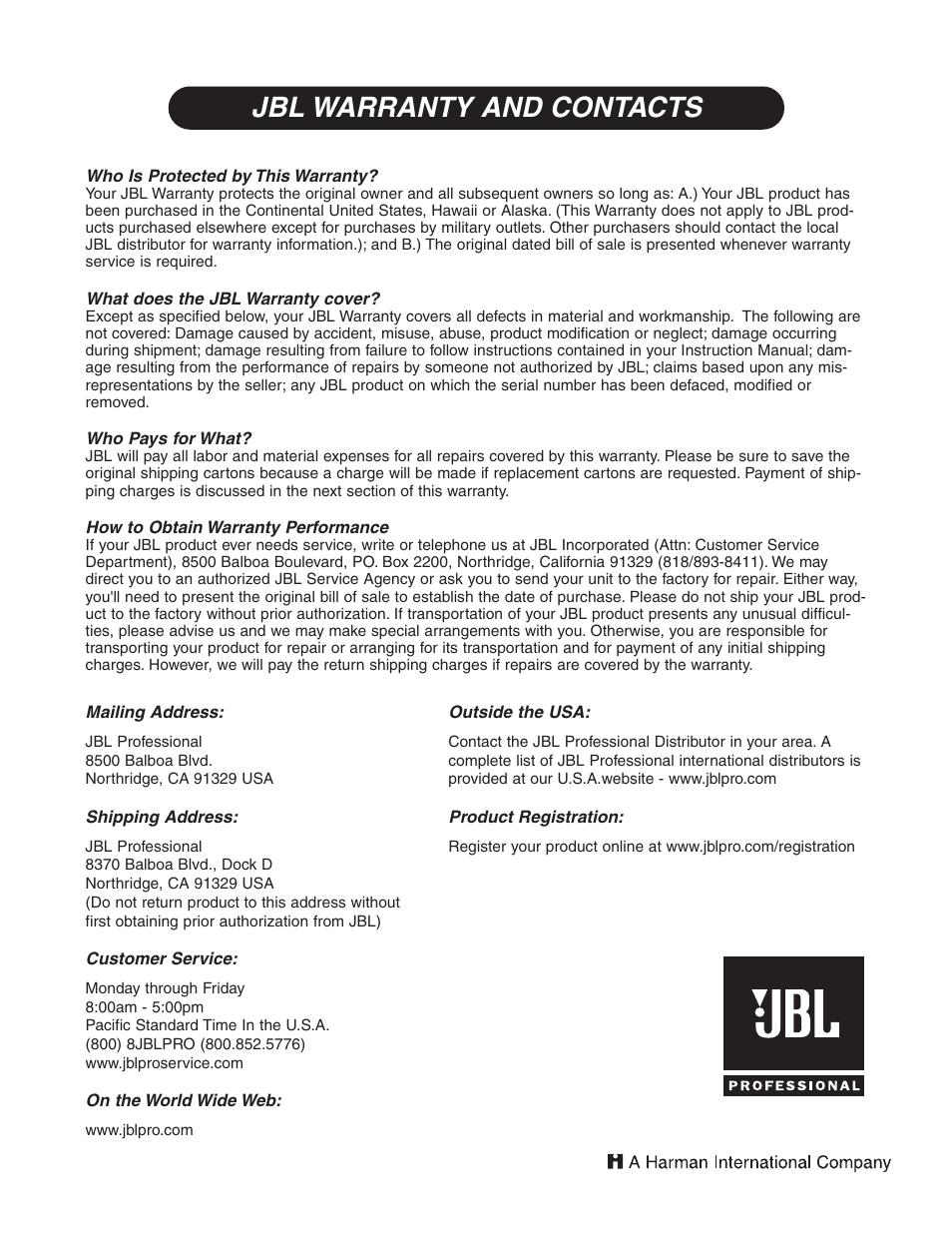 Jbl warranty and contacts | JBL VRX932LA User Manual | Page 12 / 12