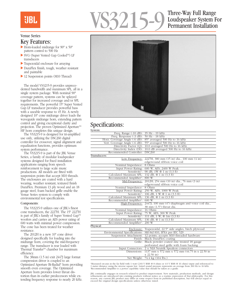 JBL Three-Way Full Range Loudspeaker System for Permanent Installation VS3215-9 User Manual | 4 pages