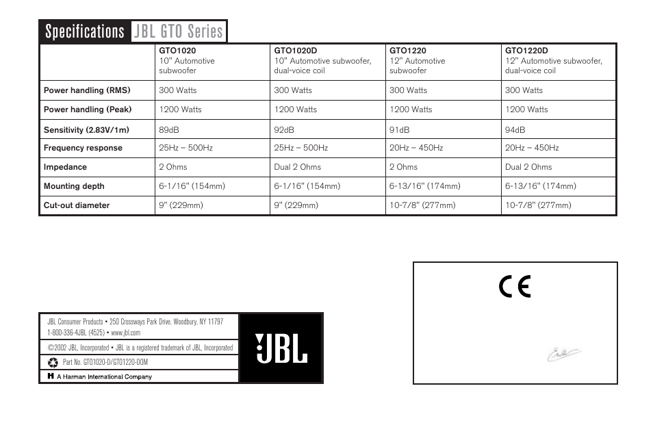 Specifications jbl gto series | JBL GTO10200 User Manual | Page 4 / 4