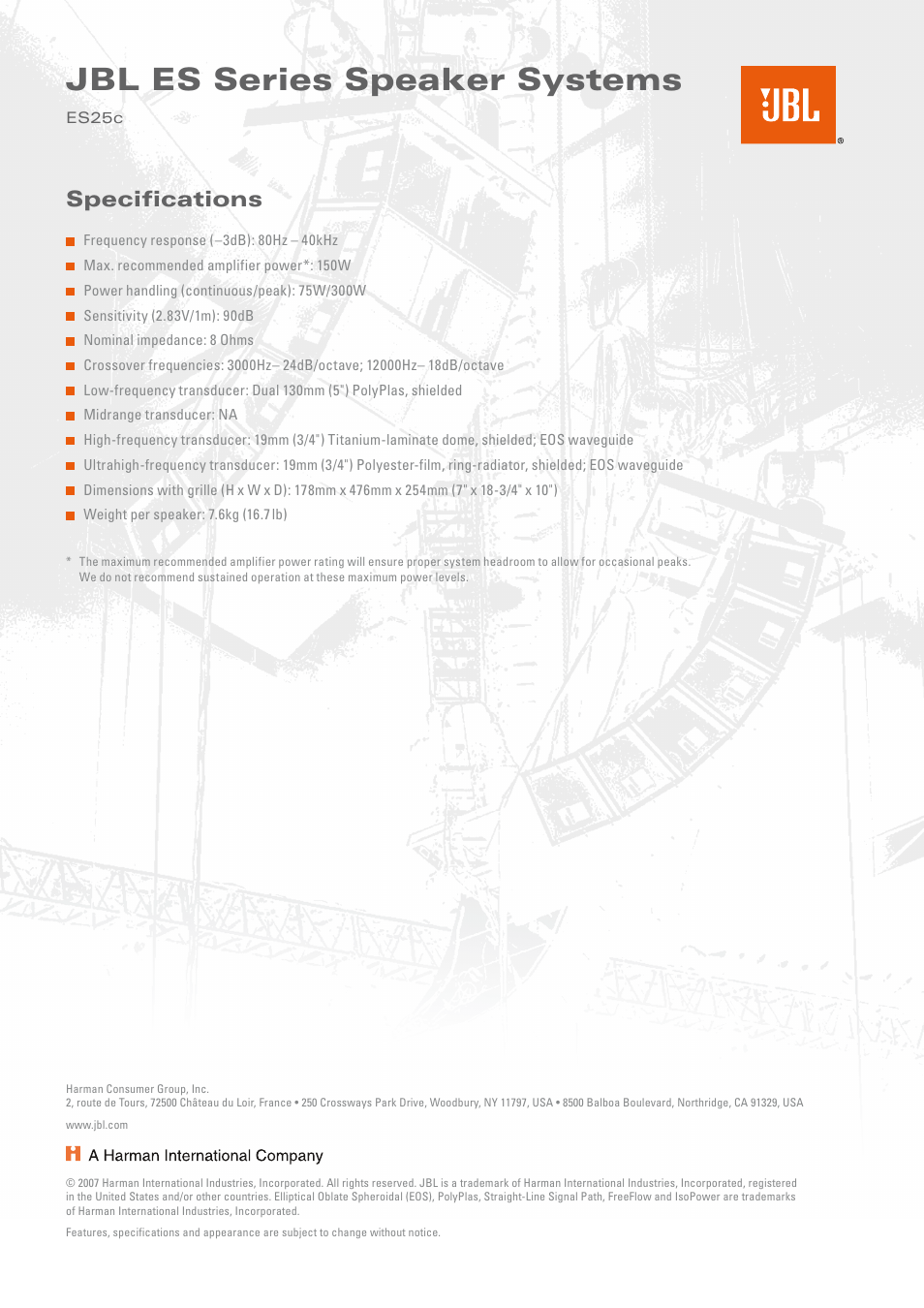 Jbl es series speaker systems, Specifications | JBL ES25C User Manual | Page 2 / 2