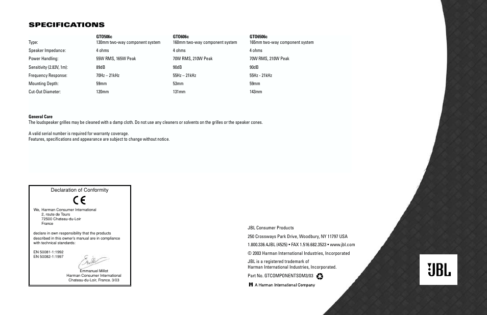 JBL gto6506c User Manual | Page 4 / 4