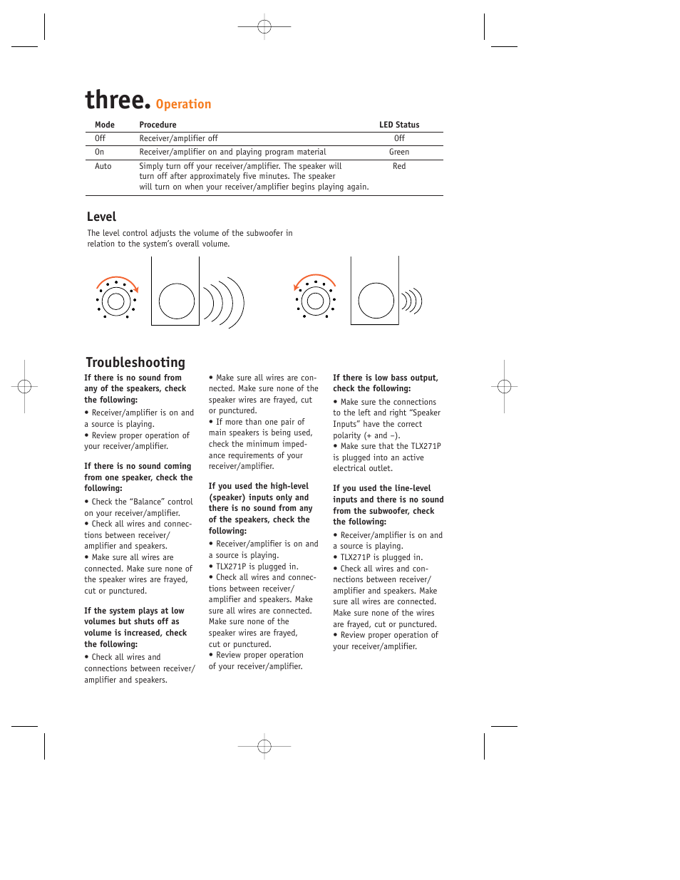 Three, Troubleshooting, Level | Operation | JBL TLX271P User Manual | Page 4 / 6