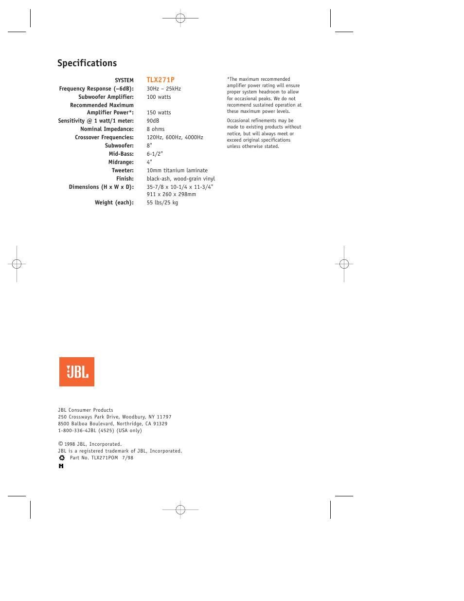 Specifications | JBL TLX271P User Manual | Page 6 / 6