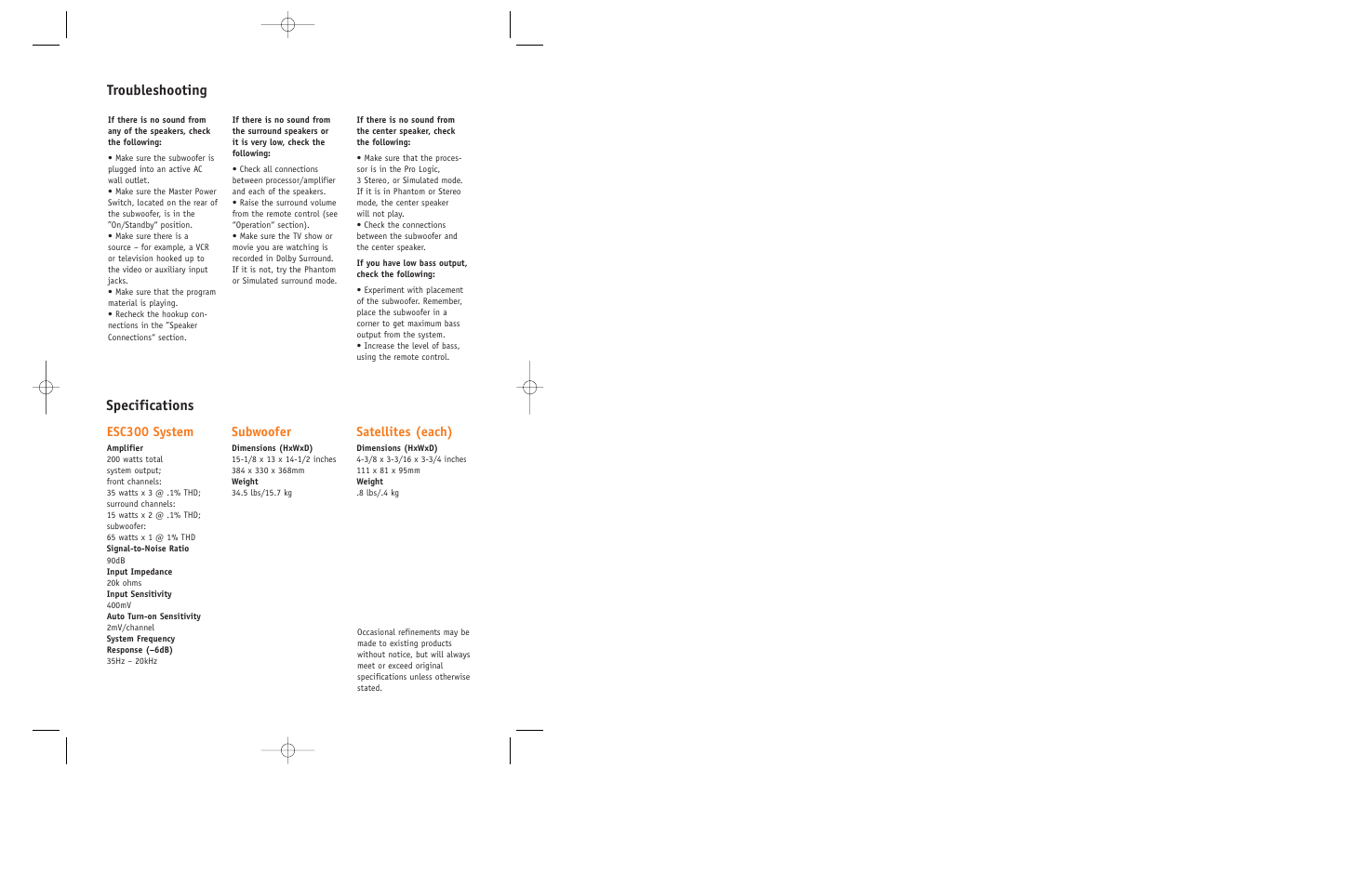 Troubleshooting specifications, Esc300 system, Subwoofer | Satellites (each) | JBL ECS300 User Manual | Page 3 / 11