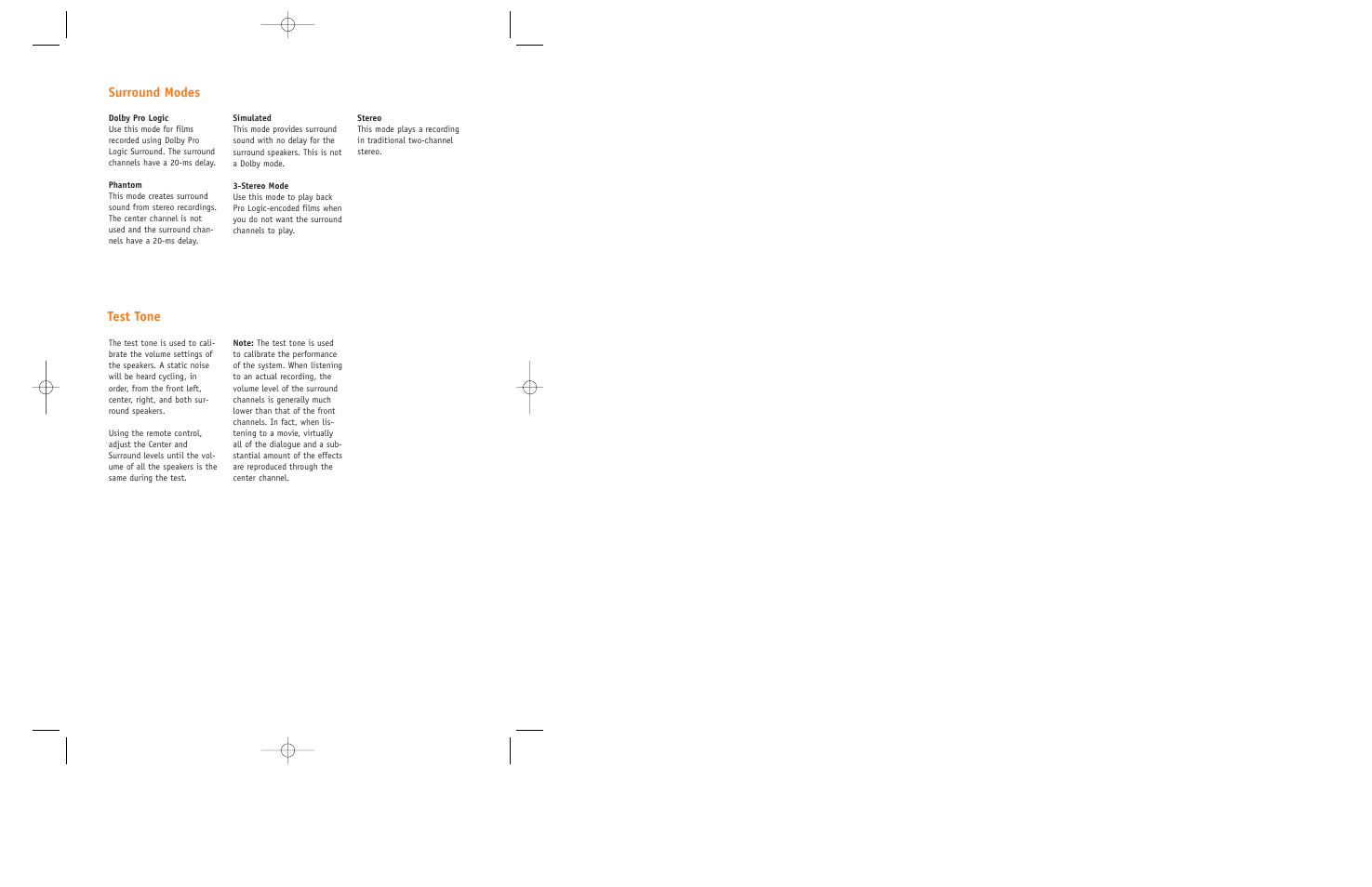 Surround modes, Test tone | JBL ECS300 User Manual | Page 6 / 11