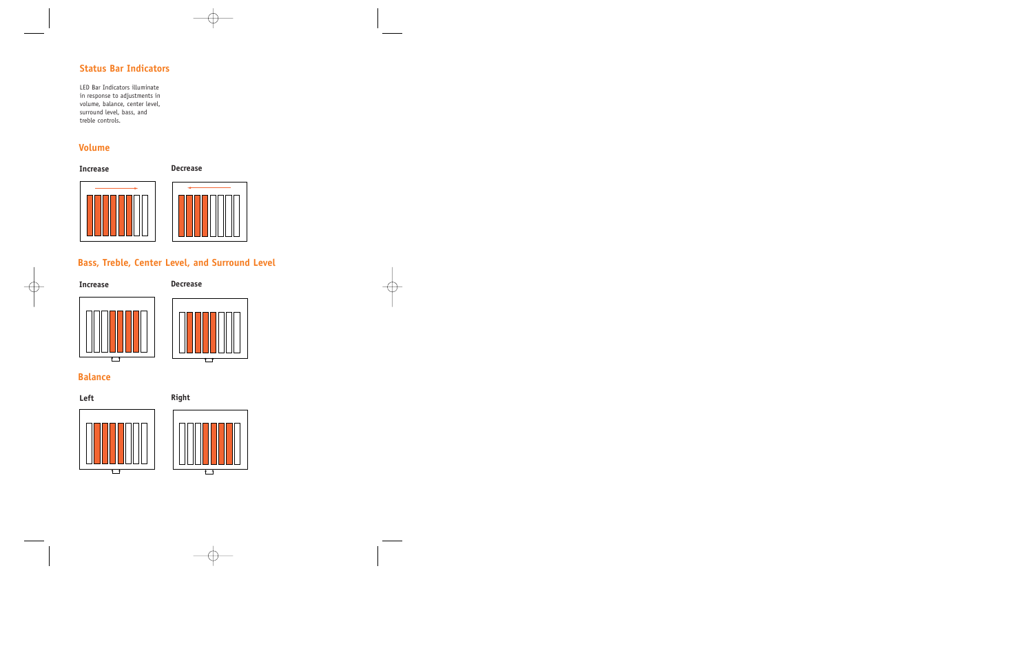 Status bar indicators, Volume, Bass, treble, center level, and surround level | Balance | JBL ECS300 User Manual | Page 7 / 11