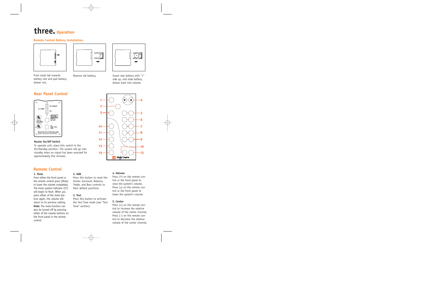 Three, Operation, Remote control rear panel control | JBL ECS300 User Manual | Page 9 / 11