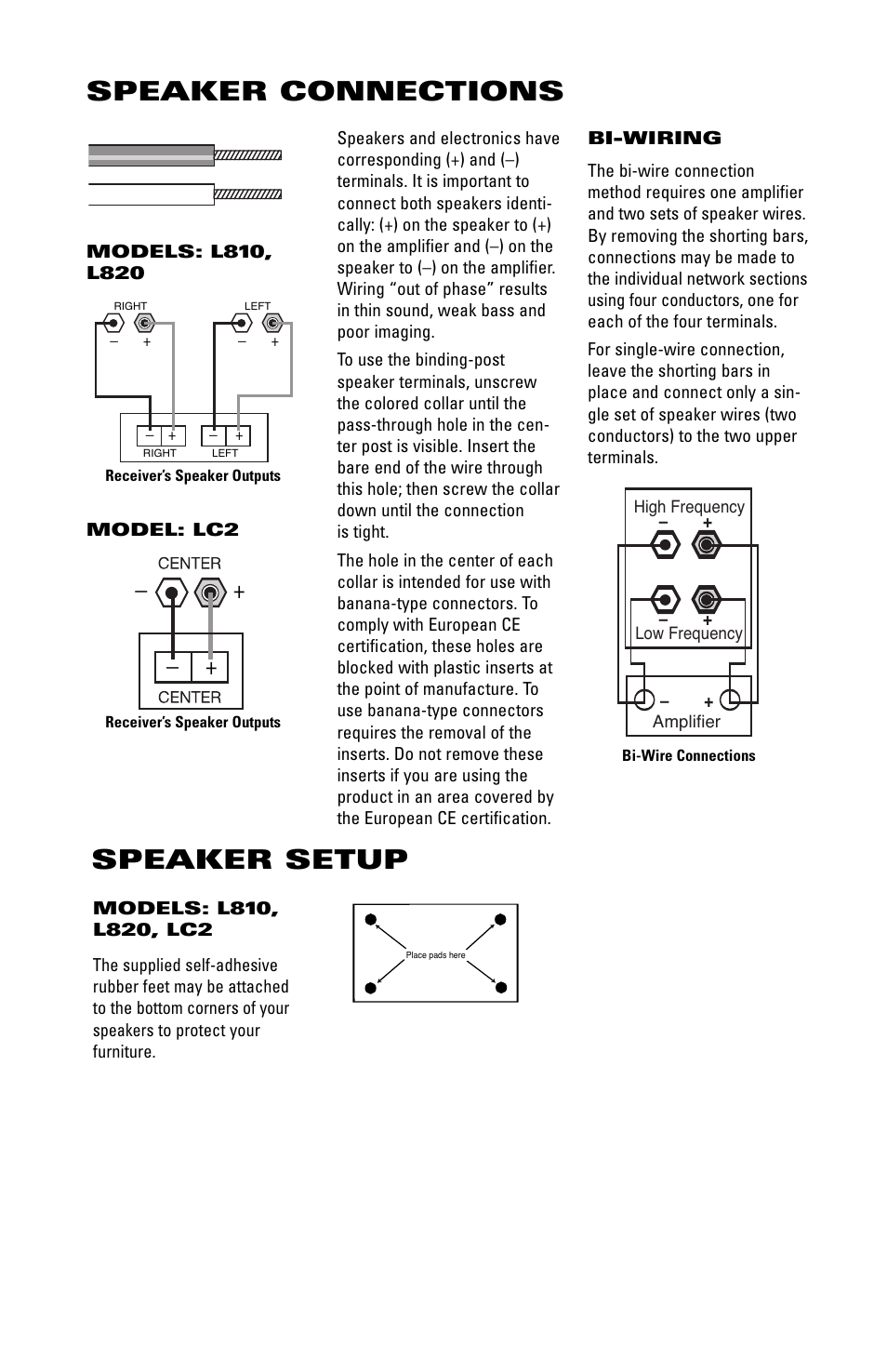 Speaker connections, Speaker setup | JBL L820 User Manual | Page 2 / 5