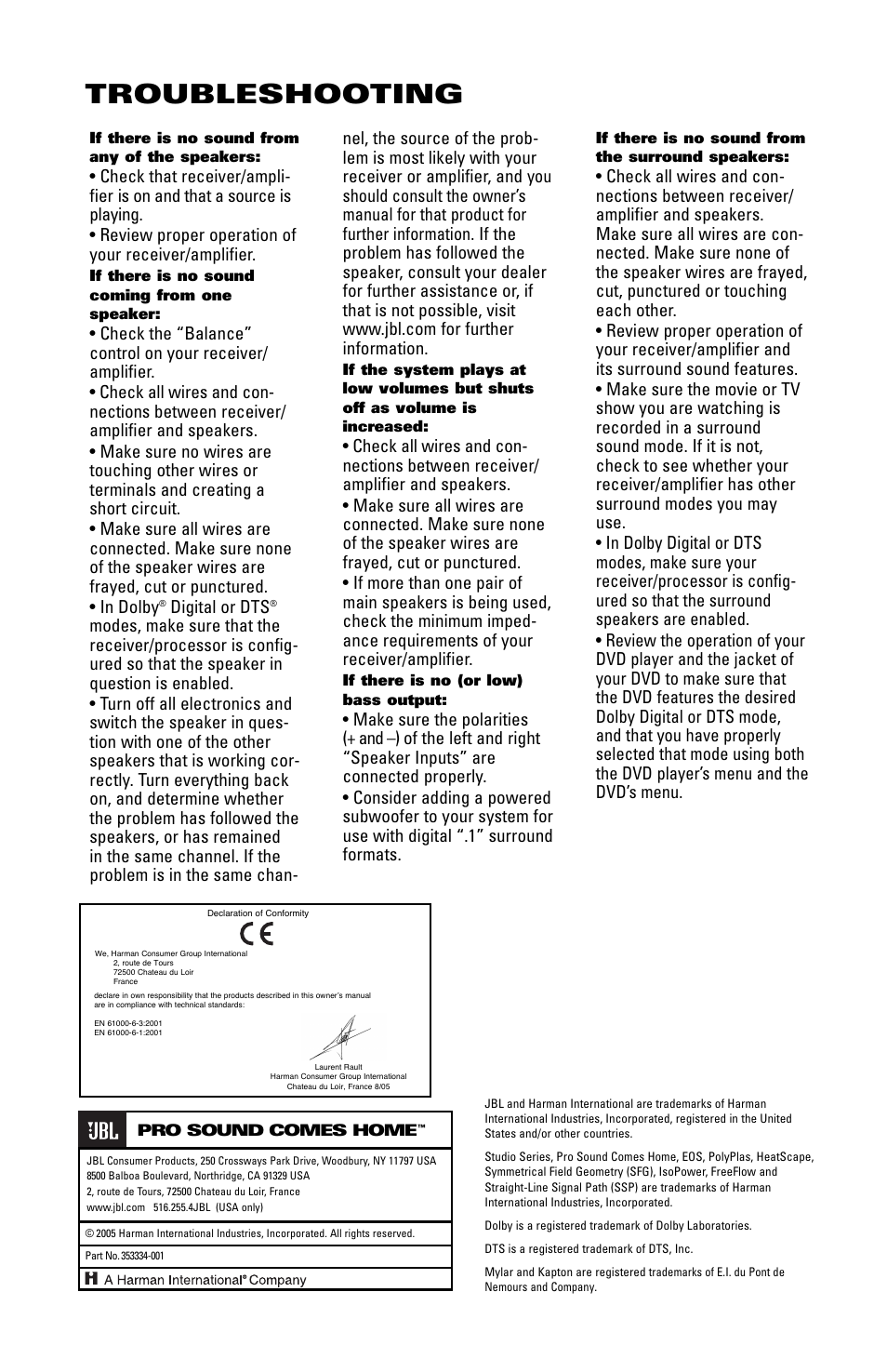 Troubleshooting, Digital or dts, Pro sound comes home | JBL L820 User Manual | Page 5 / 5