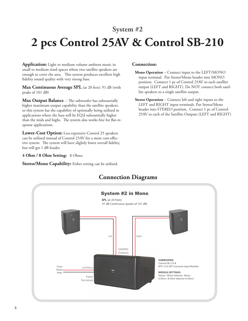 System #2, Connection diagrams | JBL SB210 User Manual | Page 10 / 20