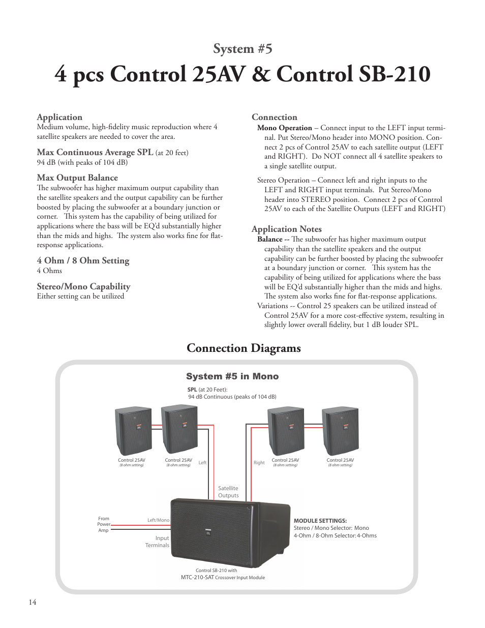 System #5, Connection diagrams, Application | Max continuous average spl, Max output balance, 4 ohm / 8 ohm setting, Stereo/mono capability, Connection | JBL SB210 User Manual | Page 16 / 20